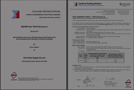   <p><strong>Design</strong> </p>
   <p>This result is  in accordance with AS 1562.1, AS 4040.1, AS 4040.2/3 serviceability testing and NCC 2012 LHL cyclic strength testing.   </p>
   <p>Trial C1 - 600 double span, cyclic test pressure 10.0 kPa - Passed </p>
   <p>Trial C2 - 900 double span, cyclic test pressure 7.0 kPa - Passed </p>
   <p>Trial C3 - 1200 double span, cyclic test pressure 4.8 kPa - Passed   </p>
   <p>Trial S1 - 600 double span, serviceability test pressure achieved - 6.09 kPa </p>
   <p>Trial S2 - 900 double span, serviceability test pressure achieved - 4.0 kPa </p>
   <p>Trial S3 - 1200 double span, servieceability test pressure achieved - 2.1 kPa </p>